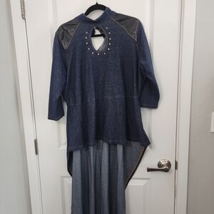 Ashley Stewart Denim Blue Studded High-Low Tunic Top with Faux Leather Accents